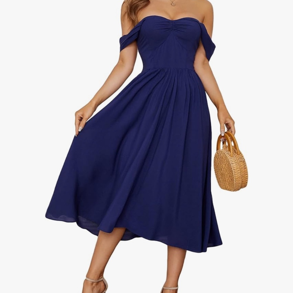 Off Shoulder Short Sleeve A Line  Midi Short Dress